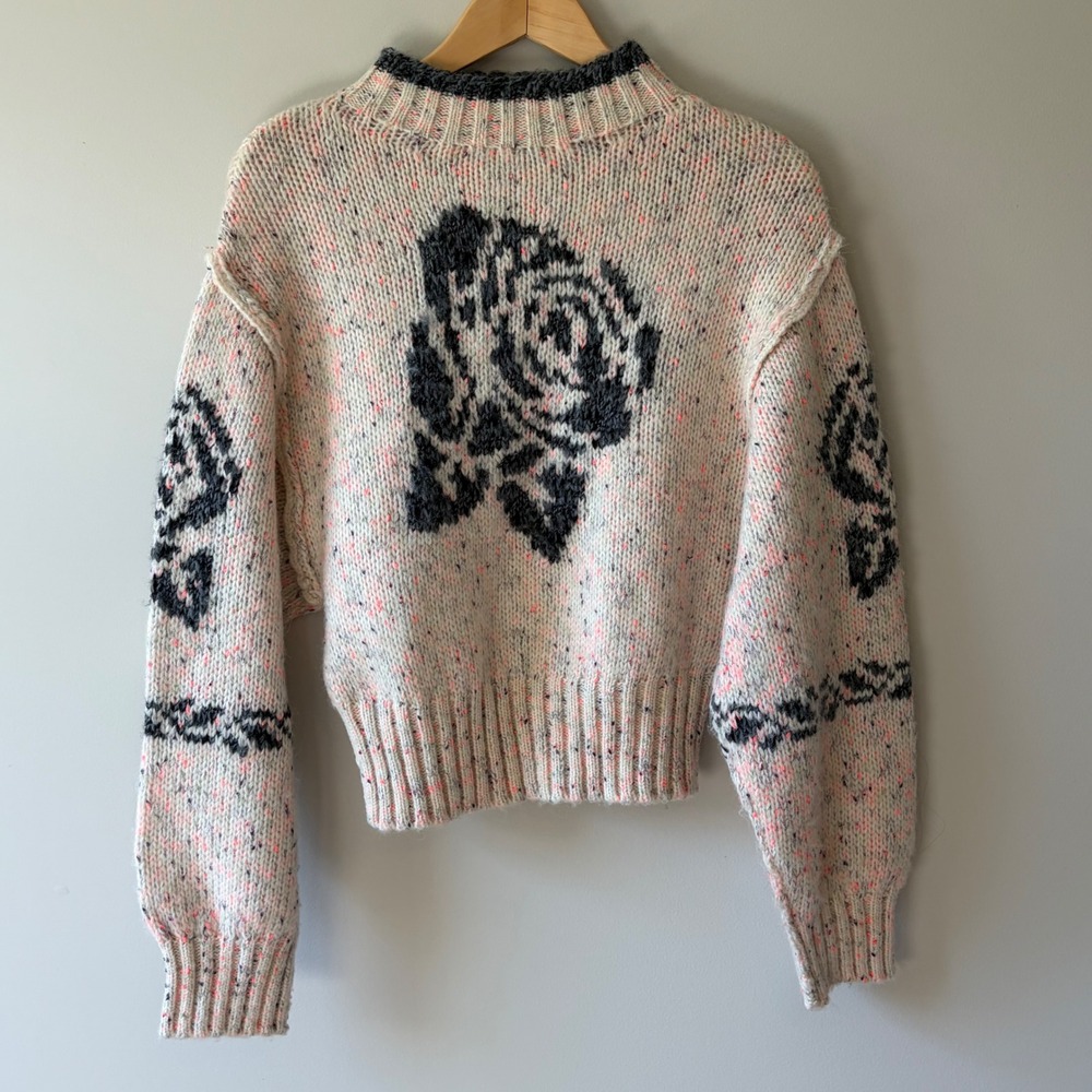 Kimchi Blue Rose Intarsia Confetti Knit Mock Neck Sweater Cream Pink Small